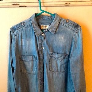 Express Brand Distressed Button Down Denim Top. Size Large.